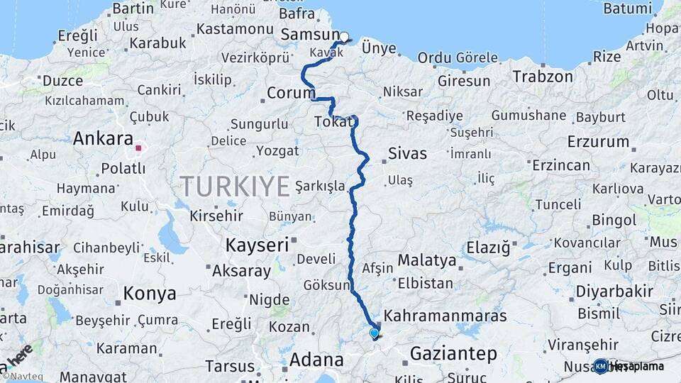 Kahramanmaraş Türkoğlu Samsun Arası Kaç Km - Yol Haritası