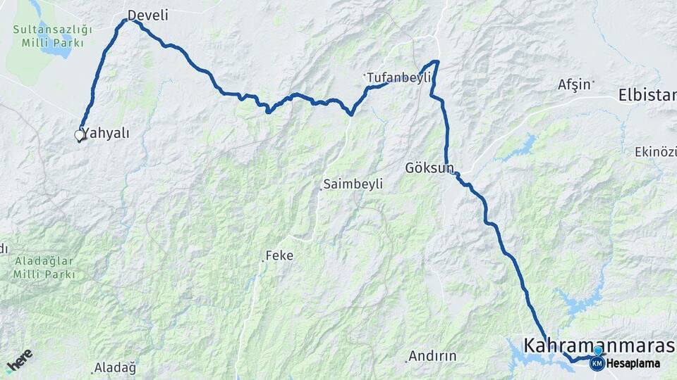 Kahramanmaraş Yahyalı Kayseri Arası Kaç Km - Yol Haritası