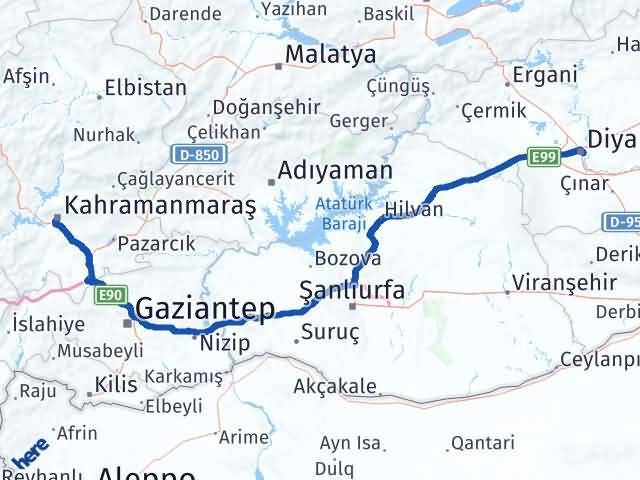 Kahramanmaraş Yenişehir Diyarbakır Arası Kaç Km - Yol Haritası