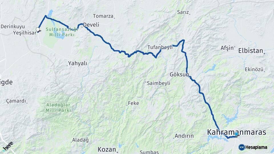 Kahramanmaraş Yeşilhisar Kayseri Arası Kaç Km - Yol Haritası