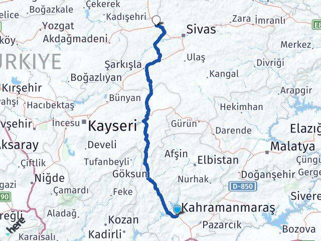 Kahramanmaraş Yıldızeli Sivas Arası Kaç Km - Yol Haritası