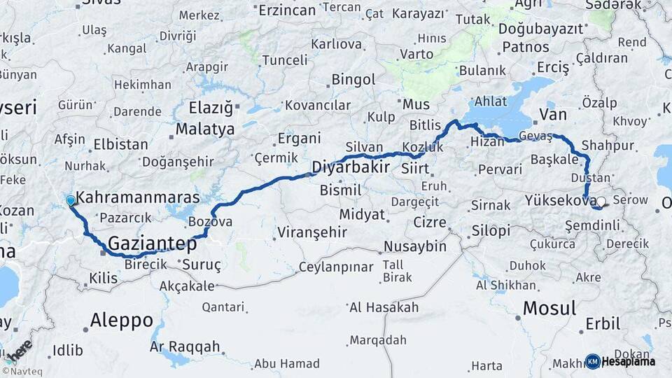 Kahramanmaraş Yüksekova Hakkari Arası Kaç Km - Yol Haritası