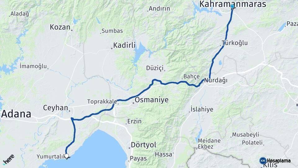 Kahramanmaraş Yumurtalık Adana Arası Kaç Km - Yol Haritası