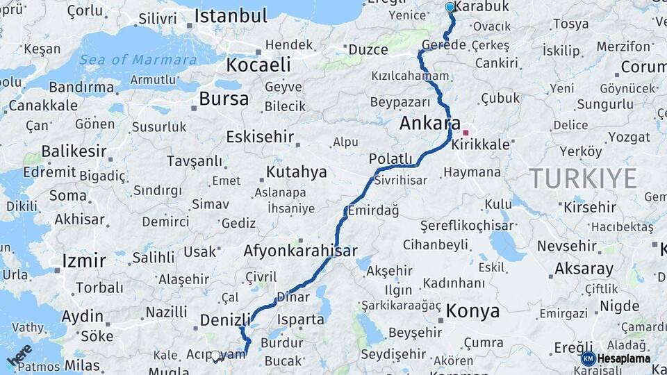 Karabük Acıpayam Denizli Arası Kaç Km - Yol Haritası