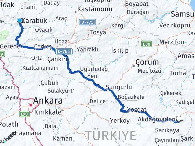 Karabük Akdağmadeni Yozgat Arası Kaç Km - Yol Haritası