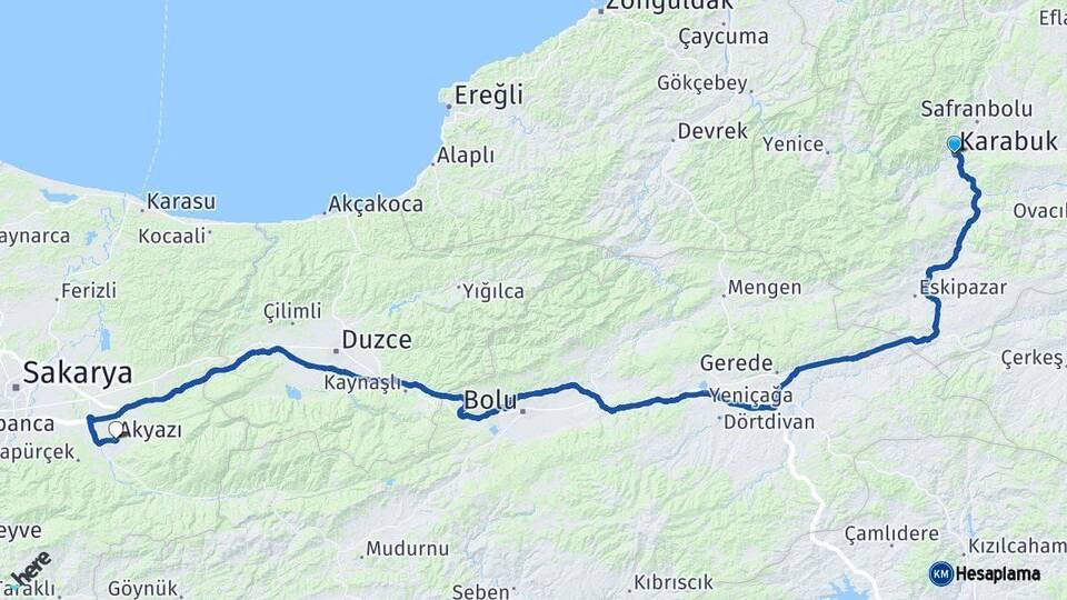 Karabük Akyazı Sakarya Arası Kaç Km - Yol Haritası