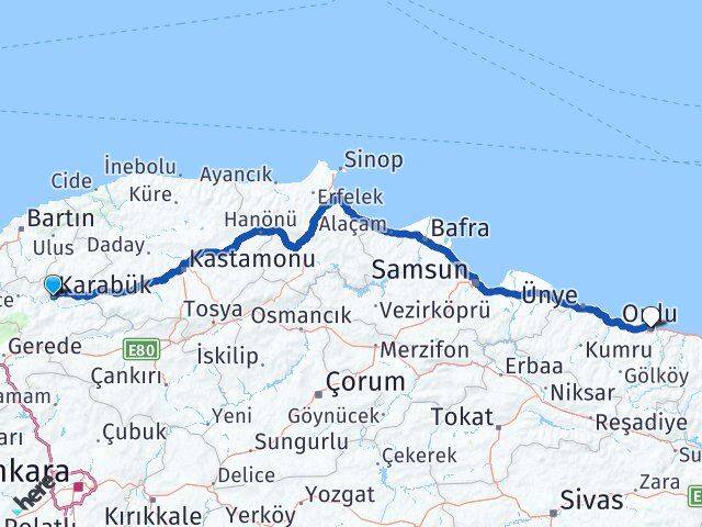 Karabük Altınordu Arası Kaç Km - Yol Haritası