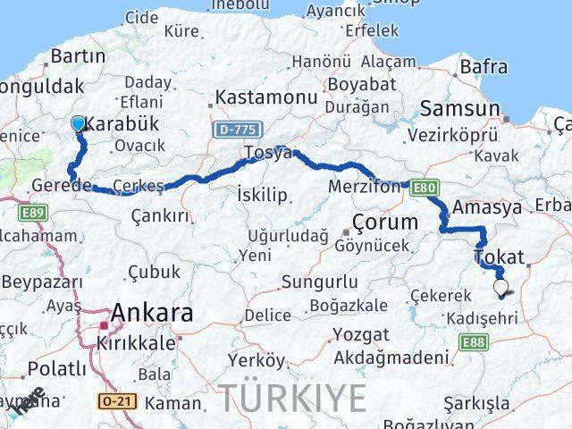 Karabük Artova Tokat Arası Kaç Km - Yol Haritası