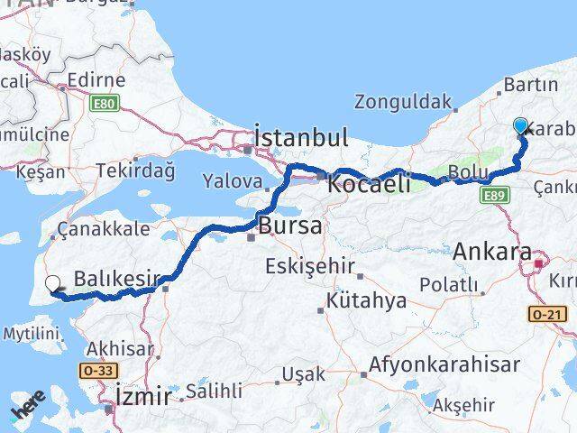 Karabük Ayvacık Çanakkale Arası Kaç Km - Yol Haritası