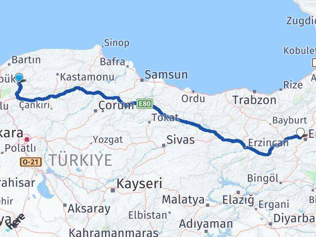 Karabük Aziziye Erzurum Arası Kaç Km - Yol Haritası