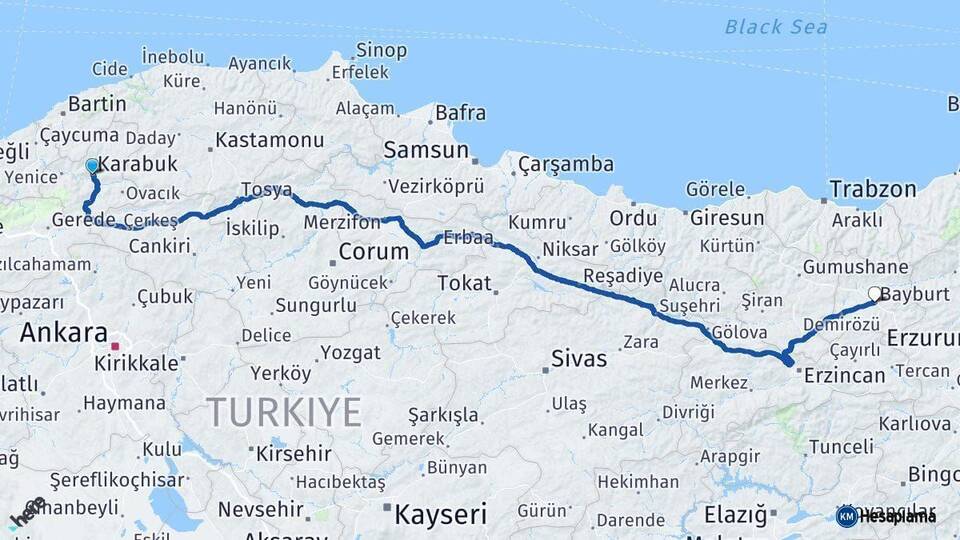 Karabük Bayburt Arası Kaç Km - Yol Haritası