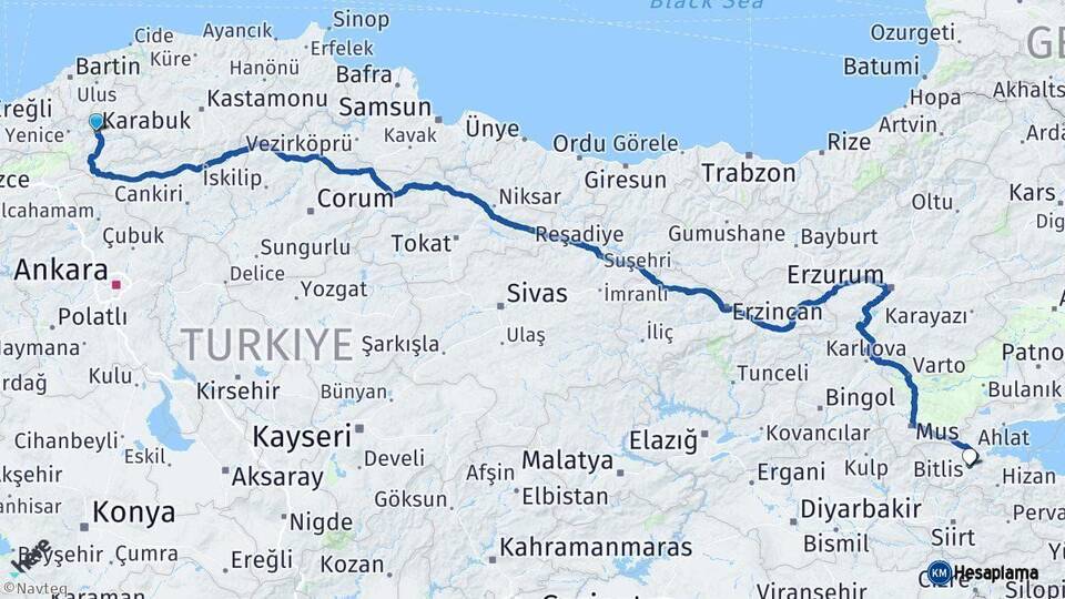 Karabük Bitlis Arası Kaç Km - Yol Haritası