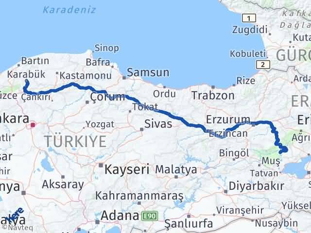 Karabük Bulanık Muş Arası Kaç Km - Yol Haritası
