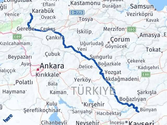 Karabük Bünyan Kayseri Arası Kaç Km - Yol Haritası