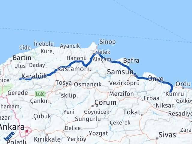Karabük Çatalpınar Ordu Arası Kaç Km - Yol Haritası