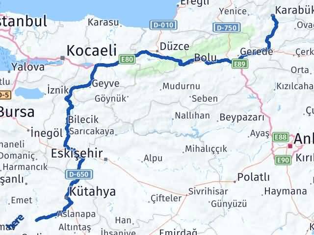 Karabük Çavdarhisar Kütahya Arası Kaç Km - Yol Haritası