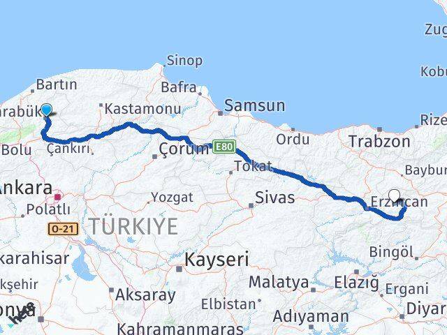 Karabük Çayırlı Erzincan Arası Kaç Km - Yol Haritası