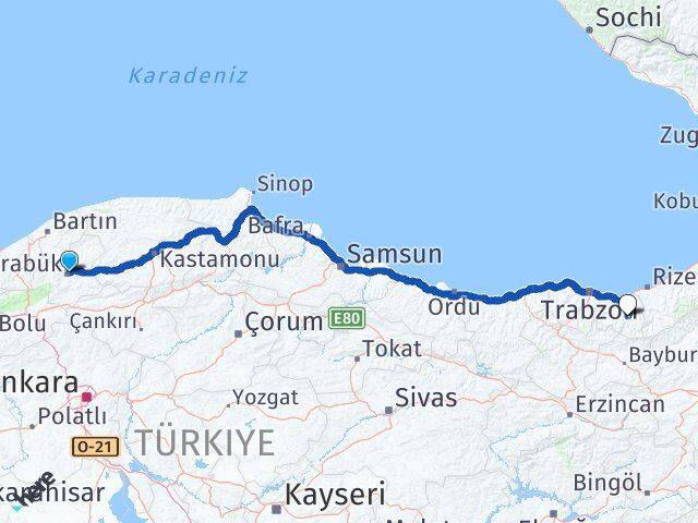 Karabük Çaykara Trabzon Arası Kaç Km - Yol Haritası