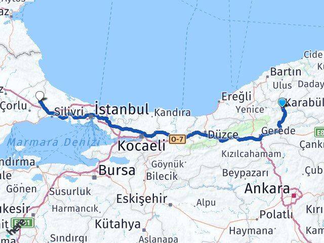Karabük Çerkezköy Tekirdağ Arası Kaç Km - Yol Haritası