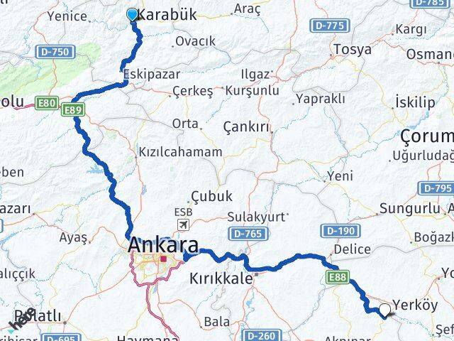 Karabük Çiçekdağı Kırşehir Arası Kaç Km - Yol Haritası