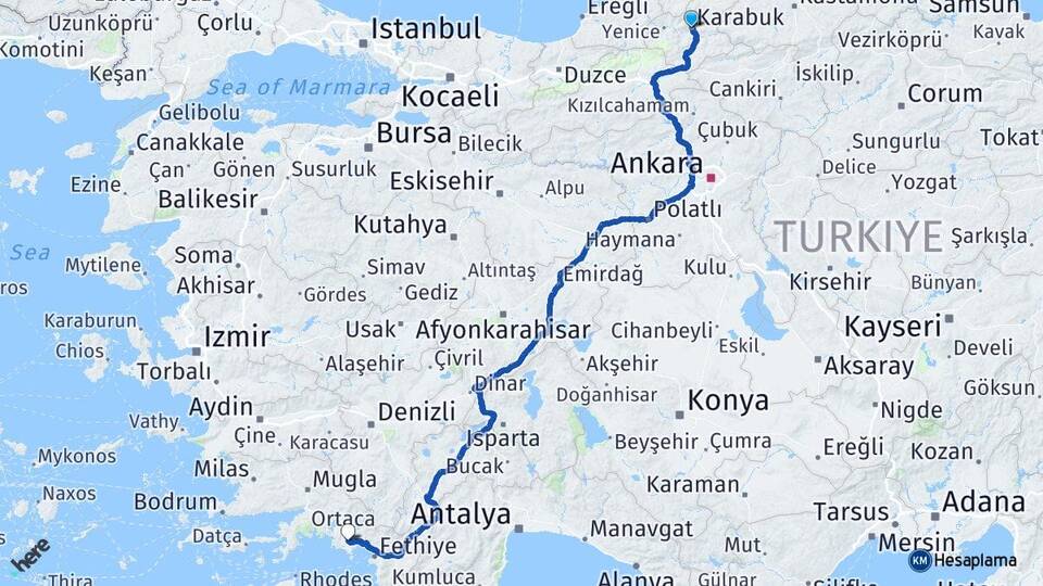 Karabük Dalaman Muğla Arası Kaç Km - Yol Haritası