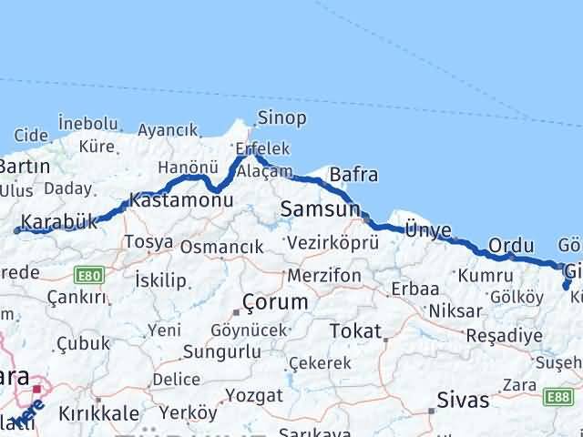 Karabük Dereli Giresun Arası Kaç Km - Yol Haritası
