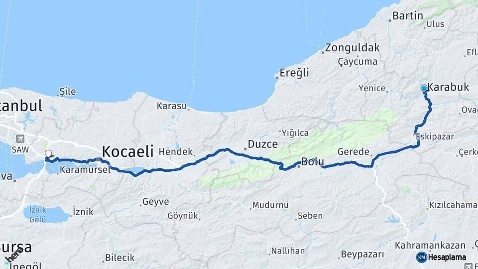 Karabük Dilovası Kocaeli Arası Kaç Km - Yol Haritası