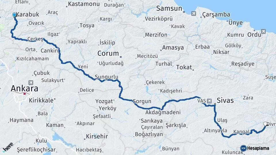 Karabük Divriği Sivas Arası Kaç Km - Yol Haritası