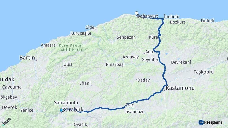 Karabük Doğanyurt Kastamonu Arası Kaç Km - Yol Haritası