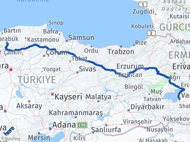 Karabük Edremit Van Arası Kaç Km - Yol Haritası