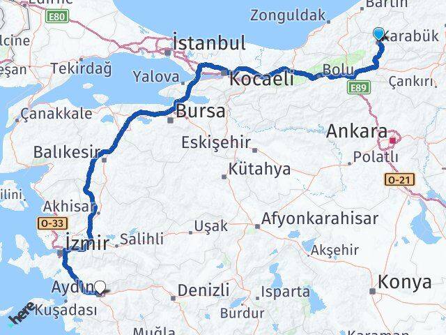 Karabük Efeler Aydın Arası Kaç Km - Yol Haritası