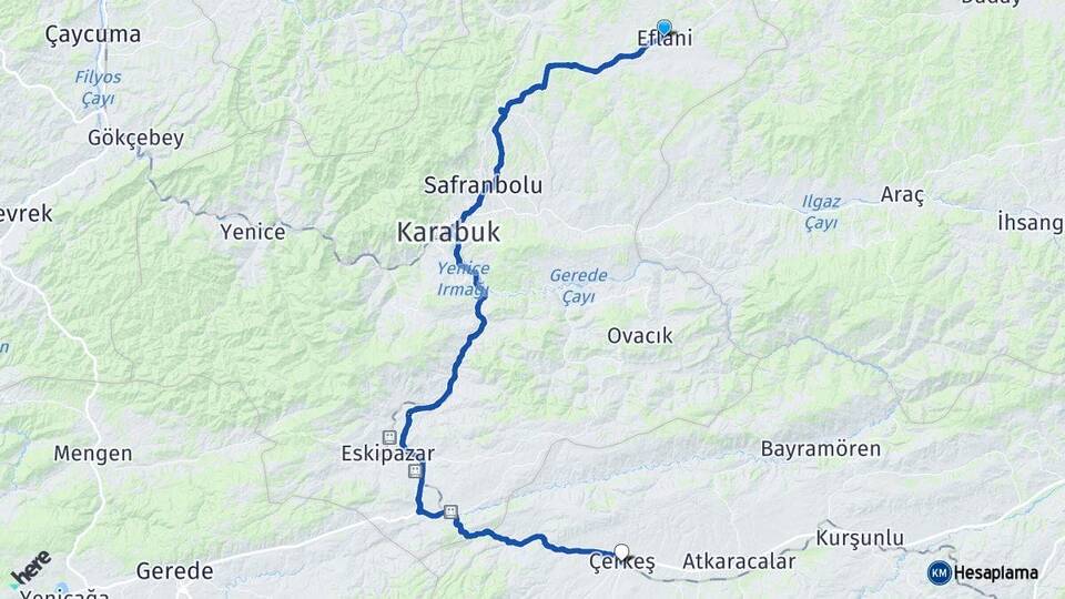 Karabük Eflani Çerkeş Çankırı Arası Kaç Km - Yol Haritası