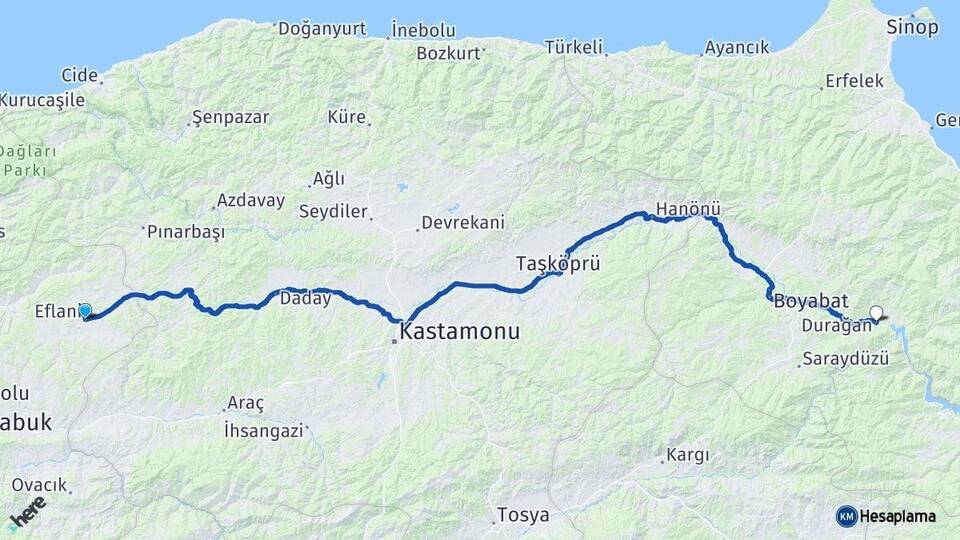 Karabük Eflani Durağan Sinop Arası Kaç Km - Yol Haritası