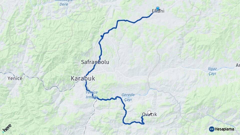 Karabük Eflani Ovacık Arası Kaç Km - Yol Haritası