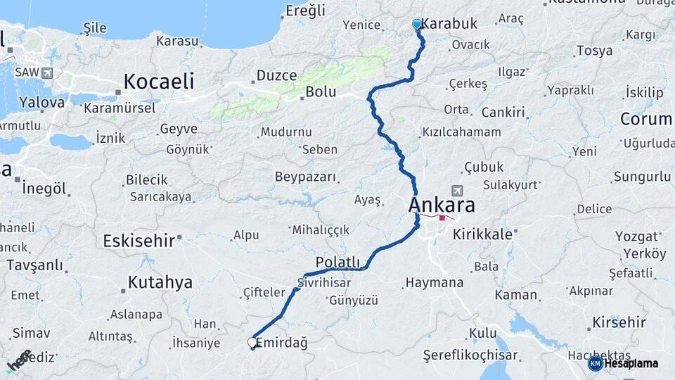 Karabük Emirdağ Afyonkarahisar Arası Kaç Km - Yol Haritası