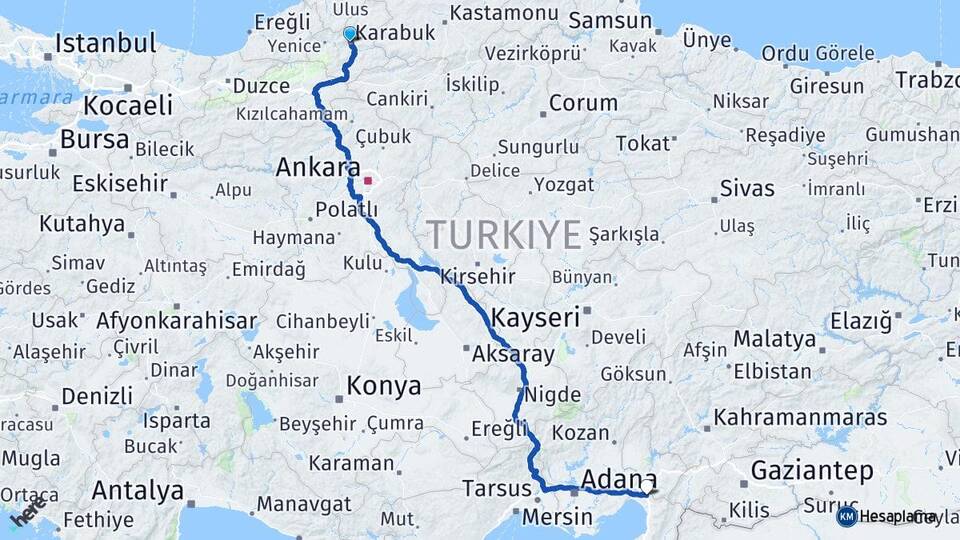 Karabük Erzin Hatay Arası Kaç Km - Yol Haritası