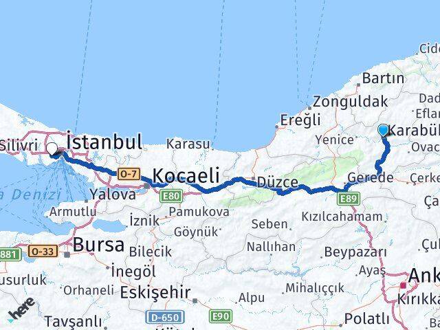 Karabük Esenler İstanbul Arası Kaç Km - Yol Haritası