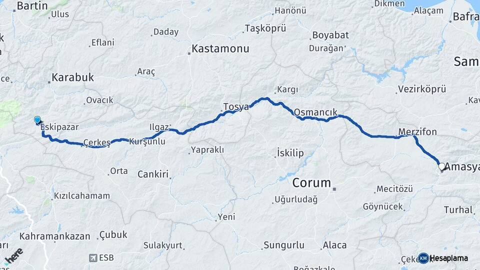 Karabük Eskipazar Amasya Arası Kaç Km - Yol Haritası