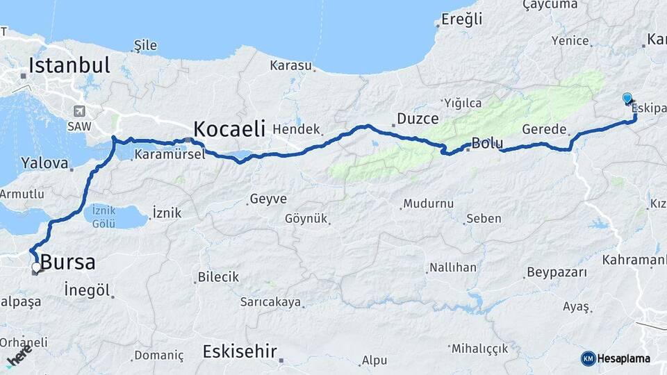 Karabük Eskipazar Bursa Arası Kaç Km - Yol Haritası