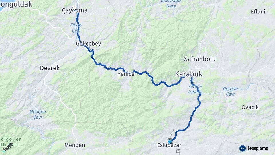 Karabük Eskipazar Çaycuma Zonguldak Arası Kaç Km - Yol Haritası