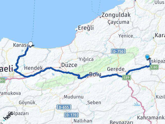 Karabük Eskipazar Karasu Sakarya Arası Kaç Km - Yol Haritası