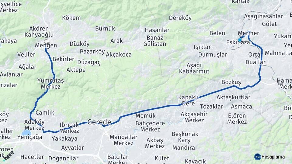 Karabük Eskipazar Mengen Bolu Arası Kaç Km - Yol Haritası