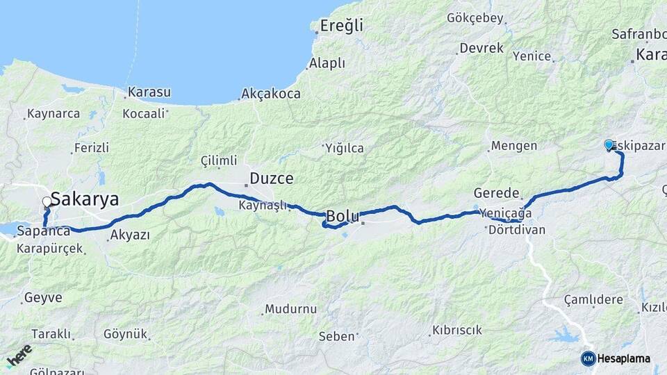 Karabük Eskipazar Sakarya Arası Kaç Km - Yol Haritası