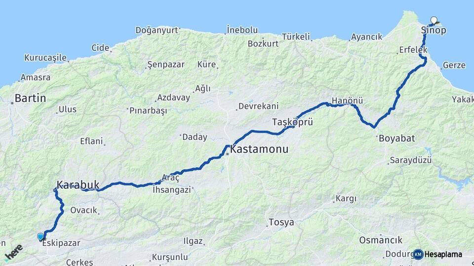 Karabük Eskipazar Sinop Arası Kaç Km - Yol Haritası