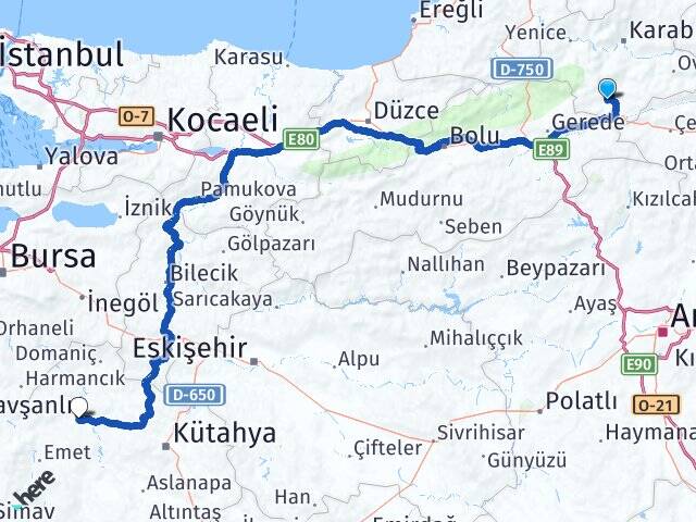 Karabük Eskipazar Tavşanlı Kütahya Arası Kaç Km - Yol Haritası