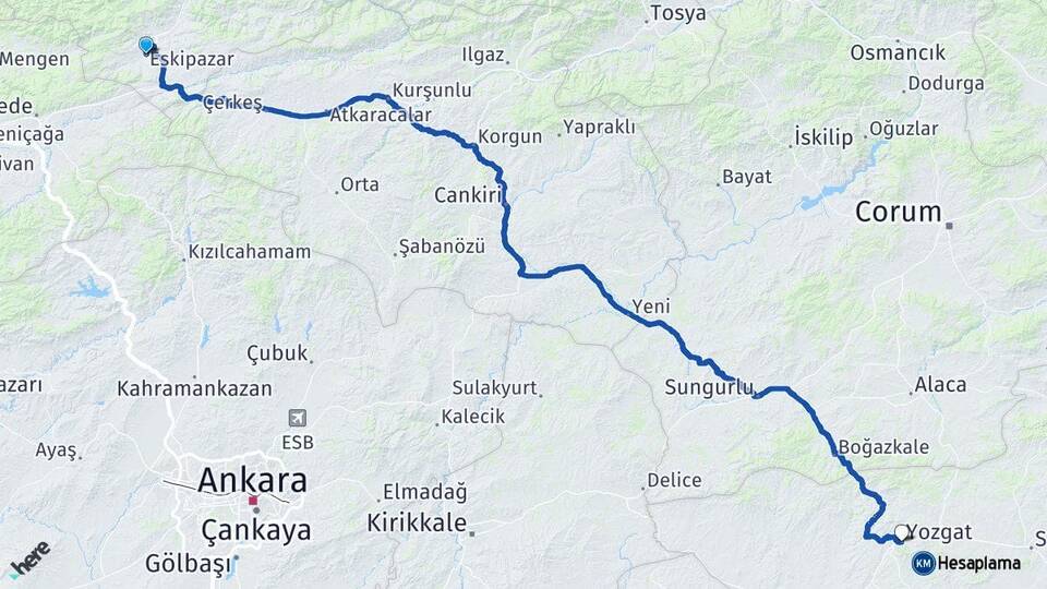 Karabük Eskipazar Yozgat Arası Kaç Km - Yol Haritası