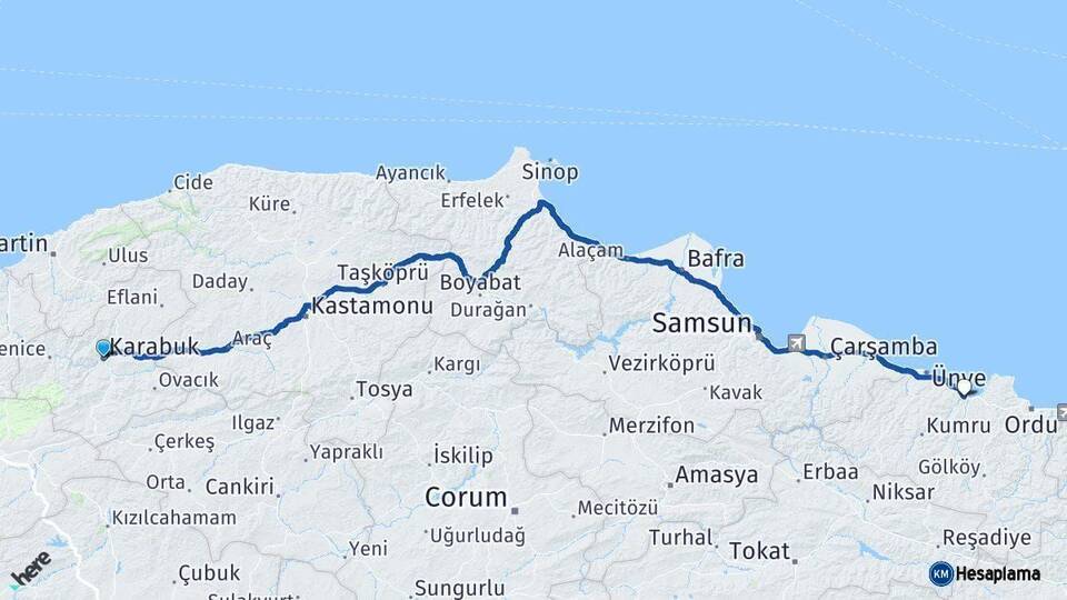 Karabük Fatsa Ordu Arası Kaç Km - Yol Haritası