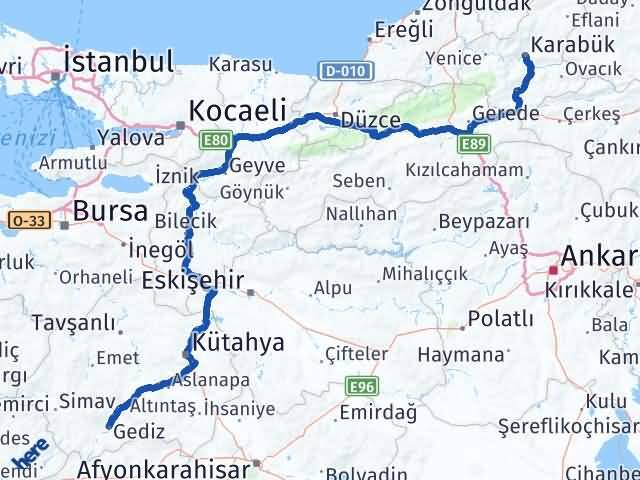 Karabük Gediz Kütahya Arası Kaç Km - Yol Haritası