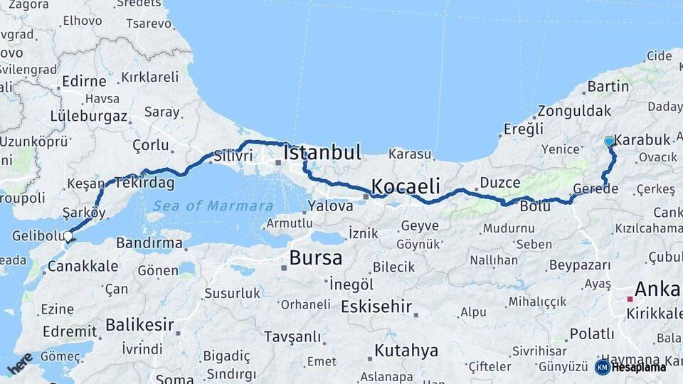 Karabük Gelibolu Çanakkale Arası Kaç Km - Yol Haritası