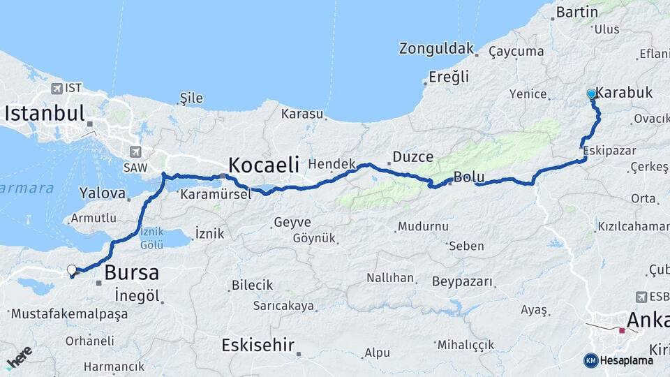 Karabük Görükle Nilüfer Bursa Arası Kaç Km - Yol Haritası